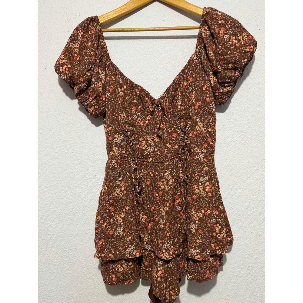 Francesca’s Mini Dress Shorts Brown Floral M Cottagecore Puff Sleeve Peplum Boho